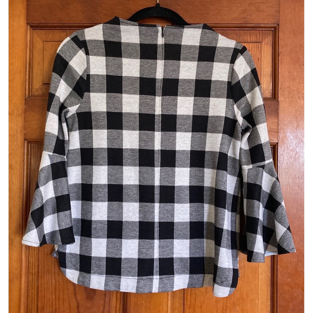 Crown & Ivy Womens S Bell Sleeve Top Black White Buffalo Check Gingham Plaid - Picture 2 of 7